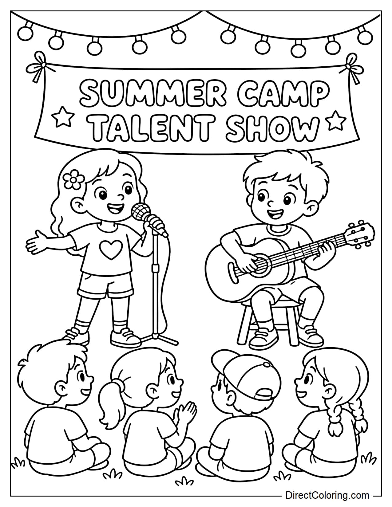 A group of children are performing at the summer camp talent show, some singing, some playing guitar, and a few others watching from below, surrounded by decorative string lights.