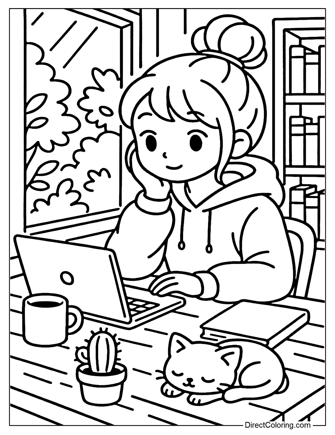 A girl sitting at a wooden table next to a large window with a laptop, a cup of coffee, a cactus, a notebook, and a sleeping kitten on the table.