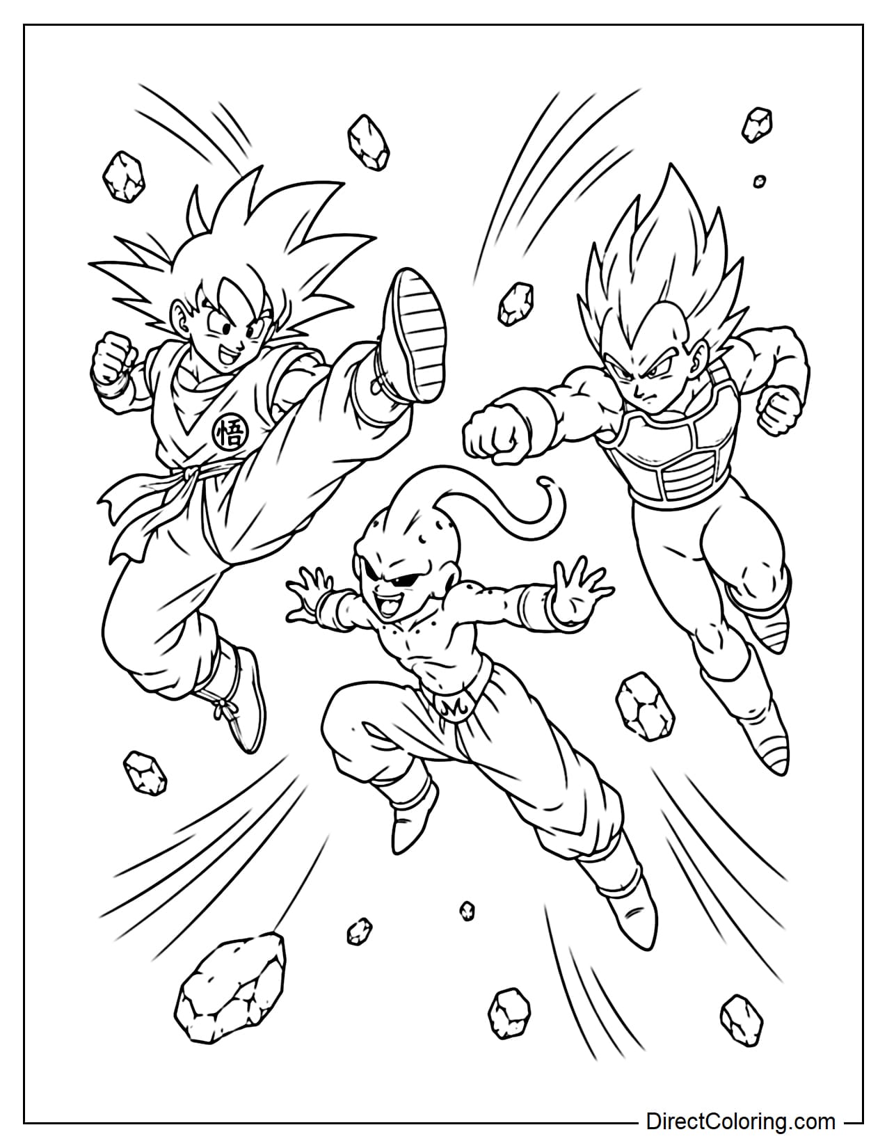 Dragon Ball Z: Goku and Vegeta are fighting Kid Buu together, surrounded by moving lines and small rocks.
