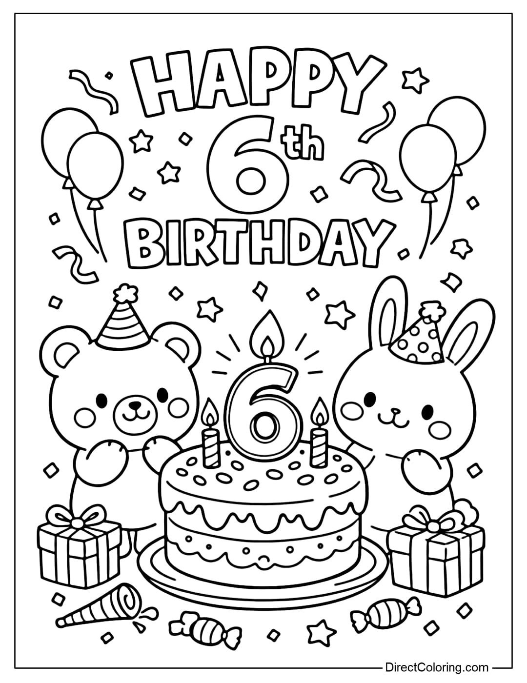 A coloring page for two cute animals, a bear and a rabbit, standing on either side of a birthday cake with a 6th candle. The words HAPPY 6th BIRTHDAY are written on top.