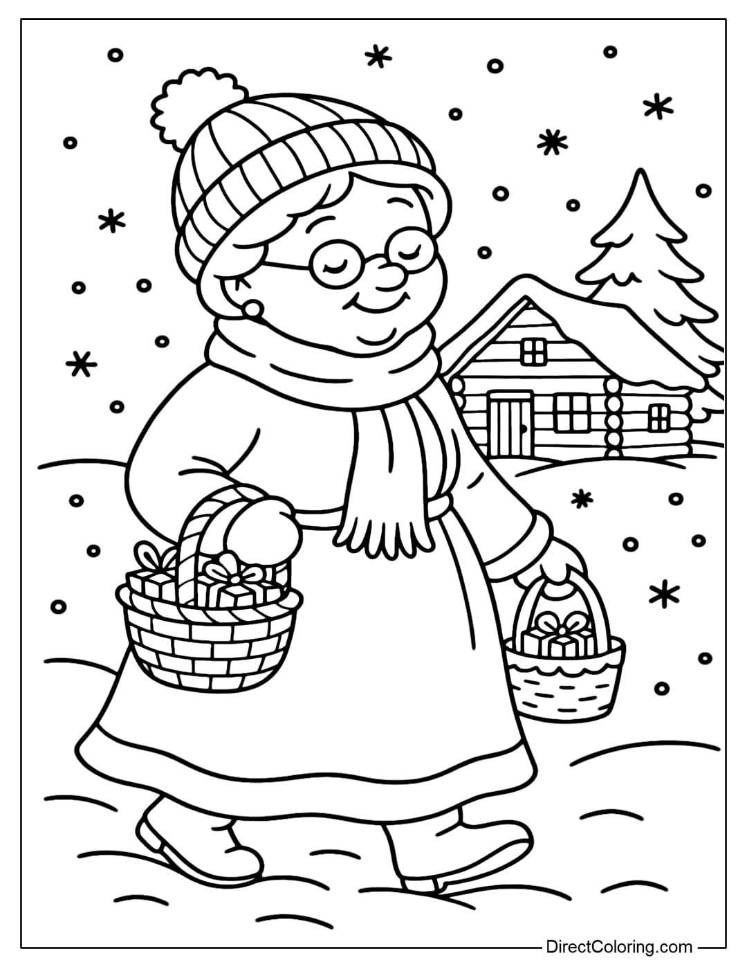 Coloring page of Mrs Claus walking in the snow, wearing a woolen hat, holding a small gift basket.