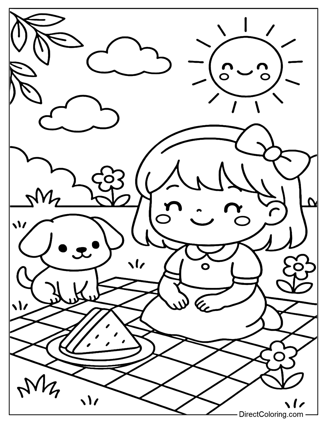 A picnic coloring page in the garden with a little girl, a puppy, a sandwich, and soft sunshine.