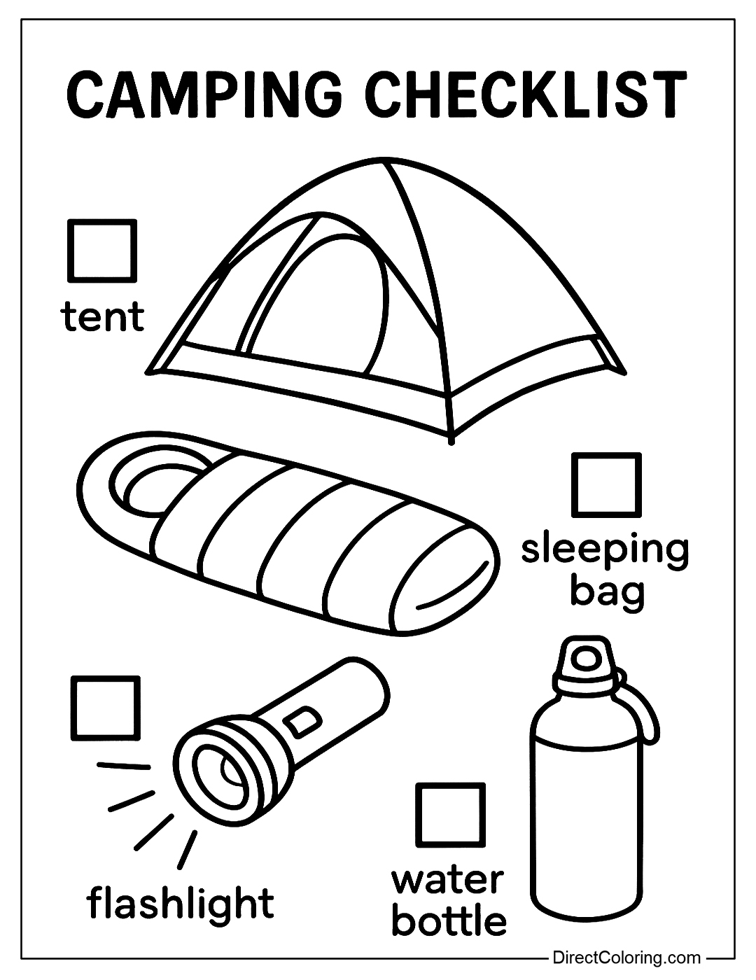 A coloring page of an illustrated camping gear checklist such as a tent, sleeping bag, flashlight, water bottle.
