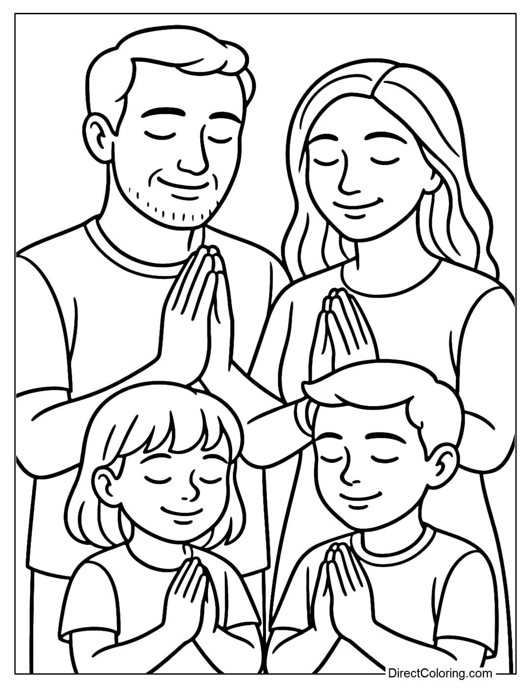 A coloring page of a family praying, parents and children together, peaceful faces, happy eyes.