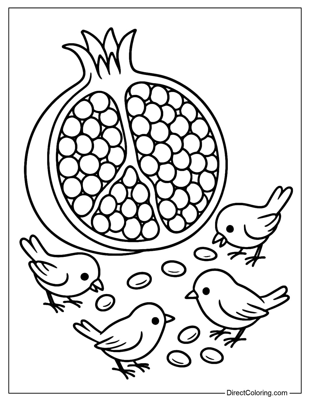 A coloring page with a pomegranate split in half revealing a red seed, next to it are some cute little birds pecking at the seeds.