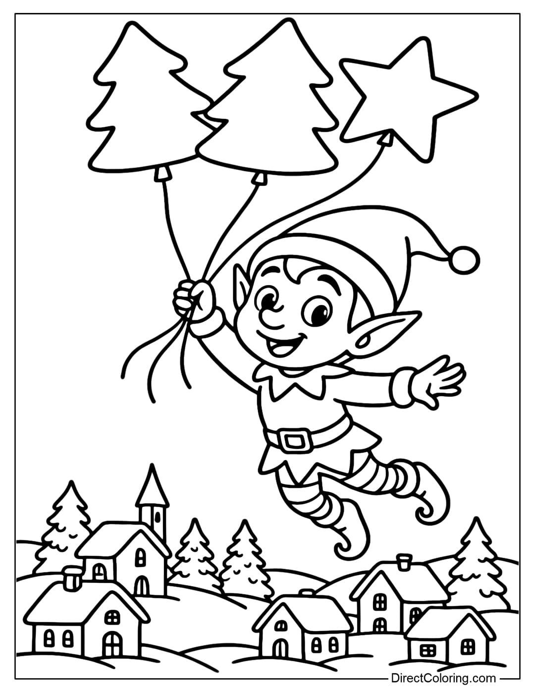 Coloring page of Elf flying in the air with a bunch of balloons shaped like a pine tree and a star.