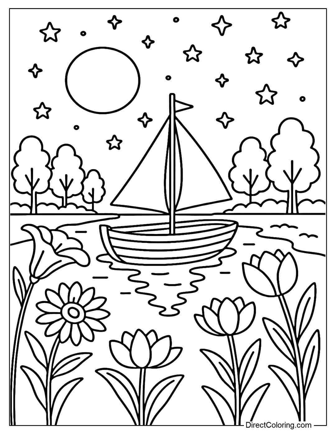a coloring page of a small boat floating on a moonlit river, with flowers blooming at night on both sides.