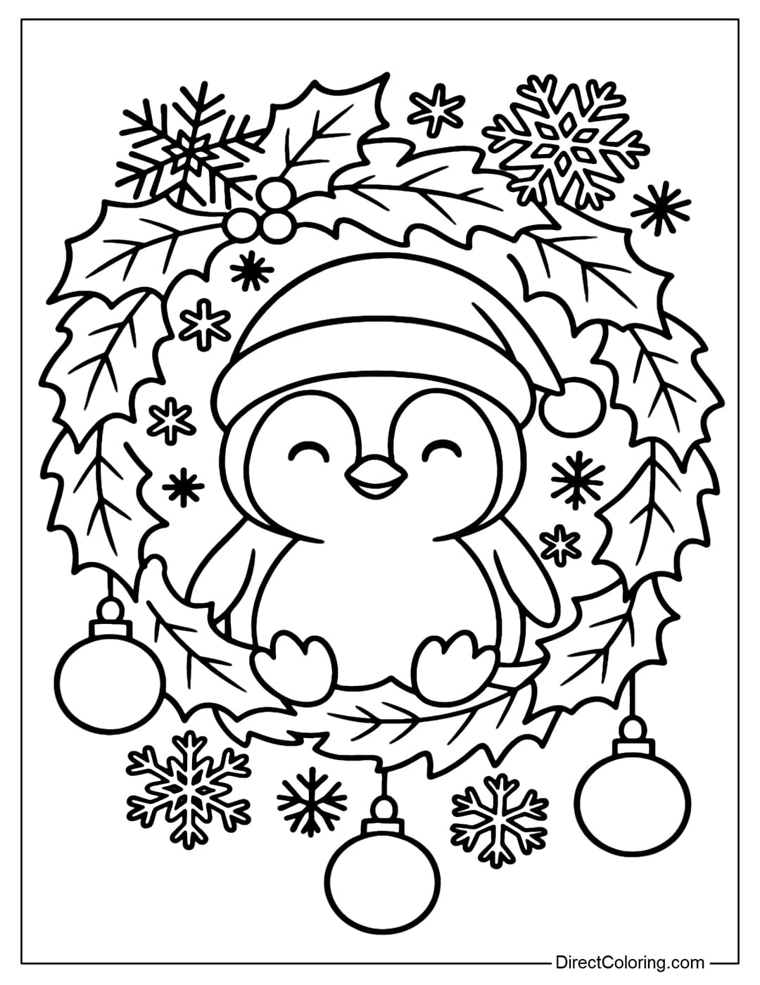 Penguin in Christmas Wreath Coloring Page A wreath coloring page with a penguin wearing a hat sitting on the wreath.