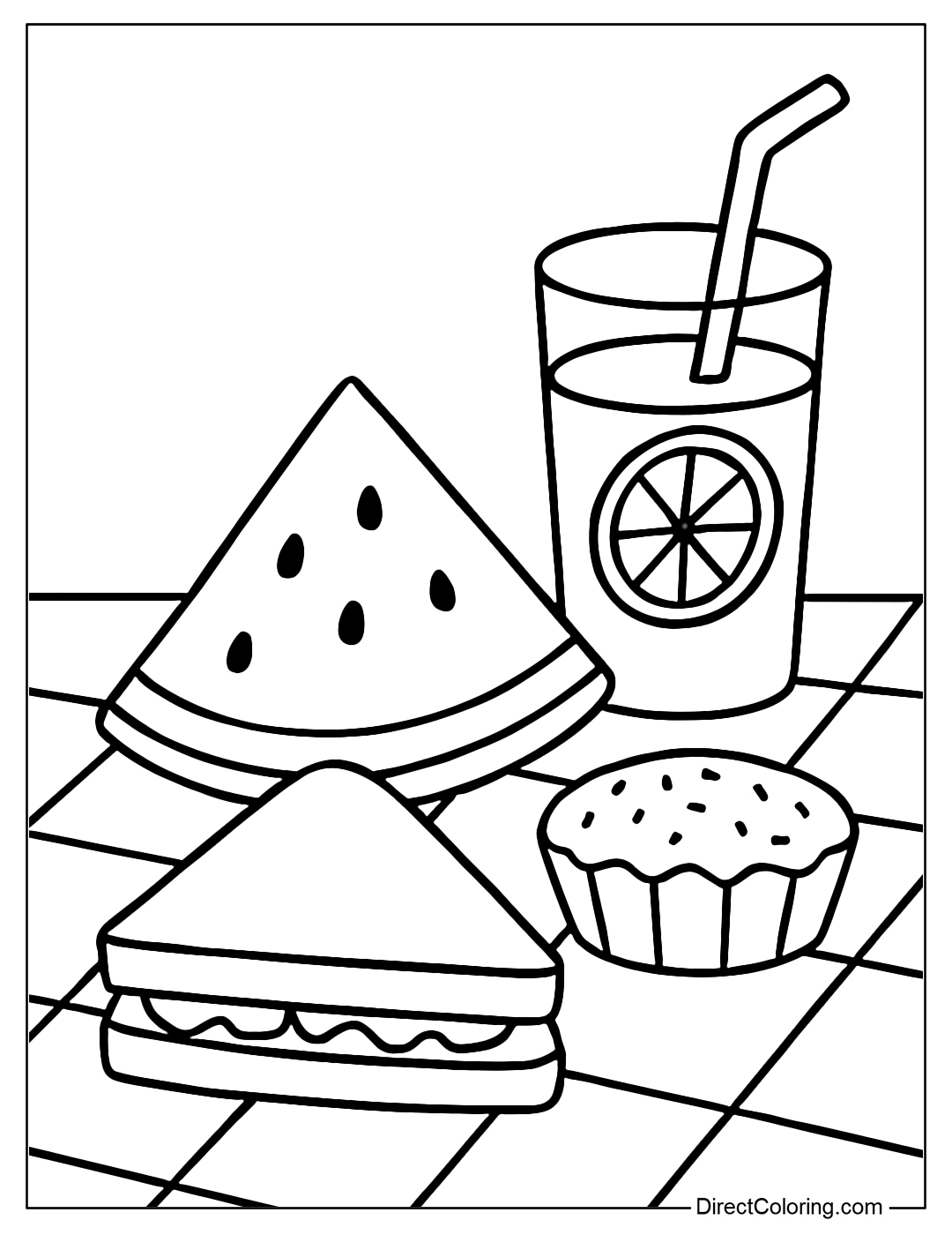 A simple picnic coloring page with triangle-cut sandwiches, watermelon and juice - spread on a checkered carpet.