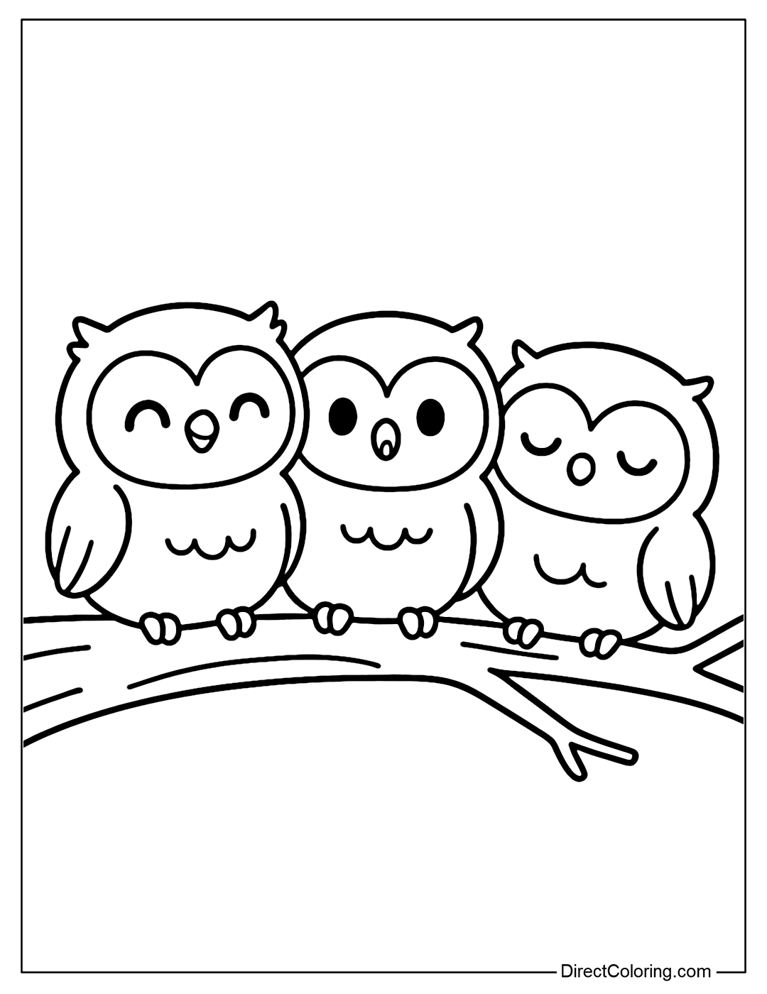 Coloring picture of three chubby baby owls, sitting crowded on a tree branch, each with a different expression: happy, surprised and sleepy.