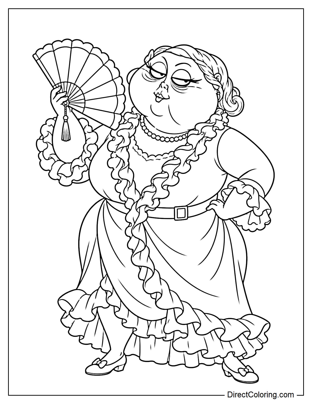 Miss Spink stands in her performance costume, holding a large open fan in one hand while resting the other hand on her hip.
