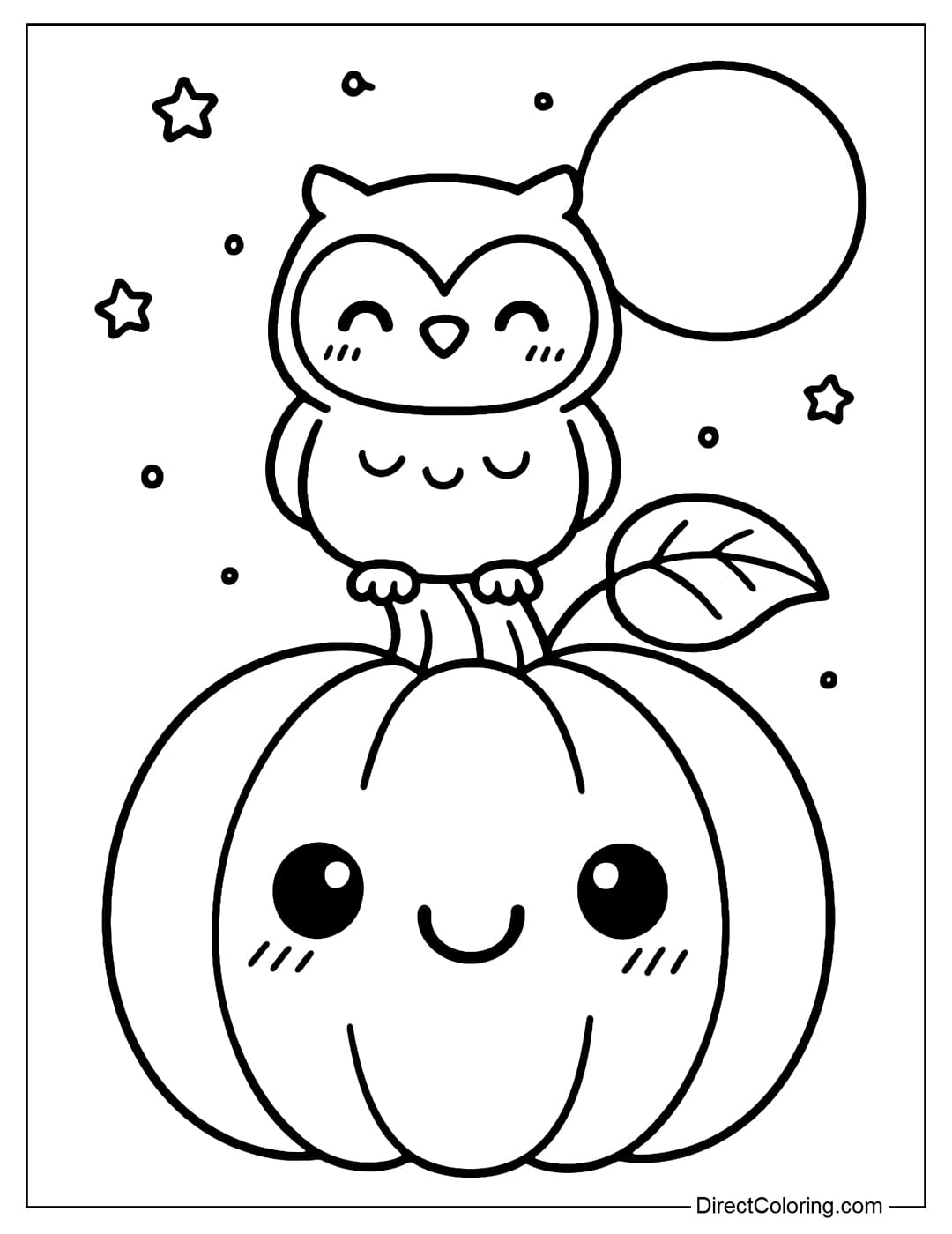 A coloring page of a large pumpkin with a small owl sitting on its head, both smiling in the bright moonlit night.