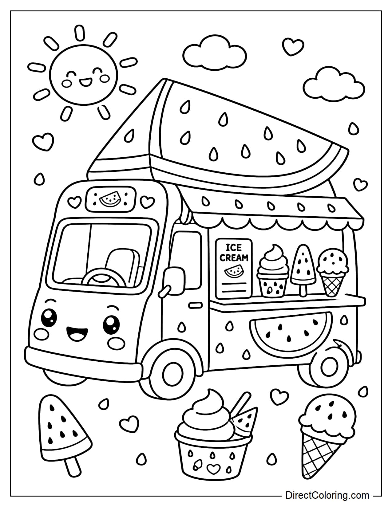 A watermelon-themed ice cream truck with a watermelon slice-shaped roof and some small ice cream cones around it.