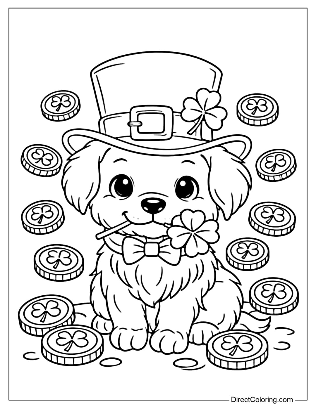 A coloring page of a cute puppy wearing a Leprechaun hat, holding a lucky four-leaf clover in its mouth and surrounded by gold coins.