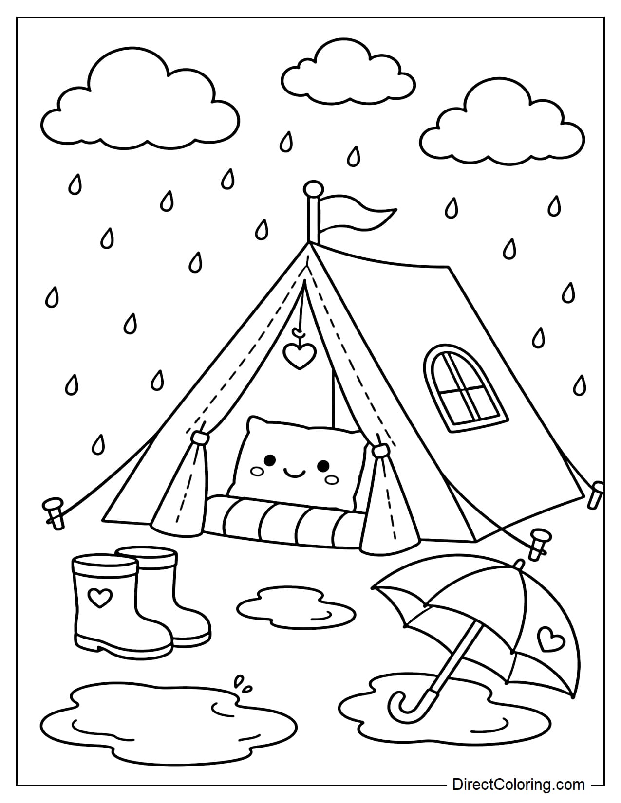 A lovely camping tent in a light rain, with boots, an umbrella, and a few puddles nearby.
