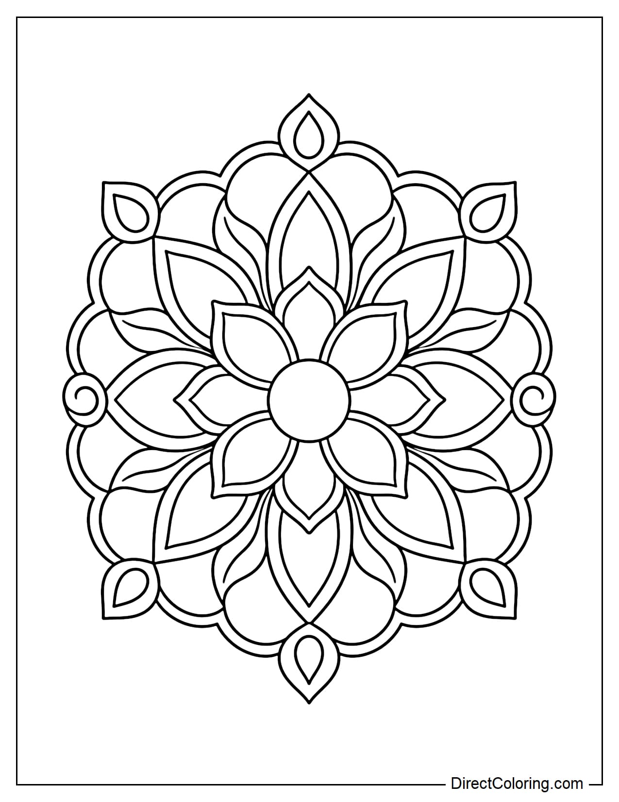 A symmetrical circular floral rangoli with an eight-petaled lotus at its center. The outer layers feature teardrop-shaped petals, curved leaves, and eight large rounded petals accented with teardrop patterns.