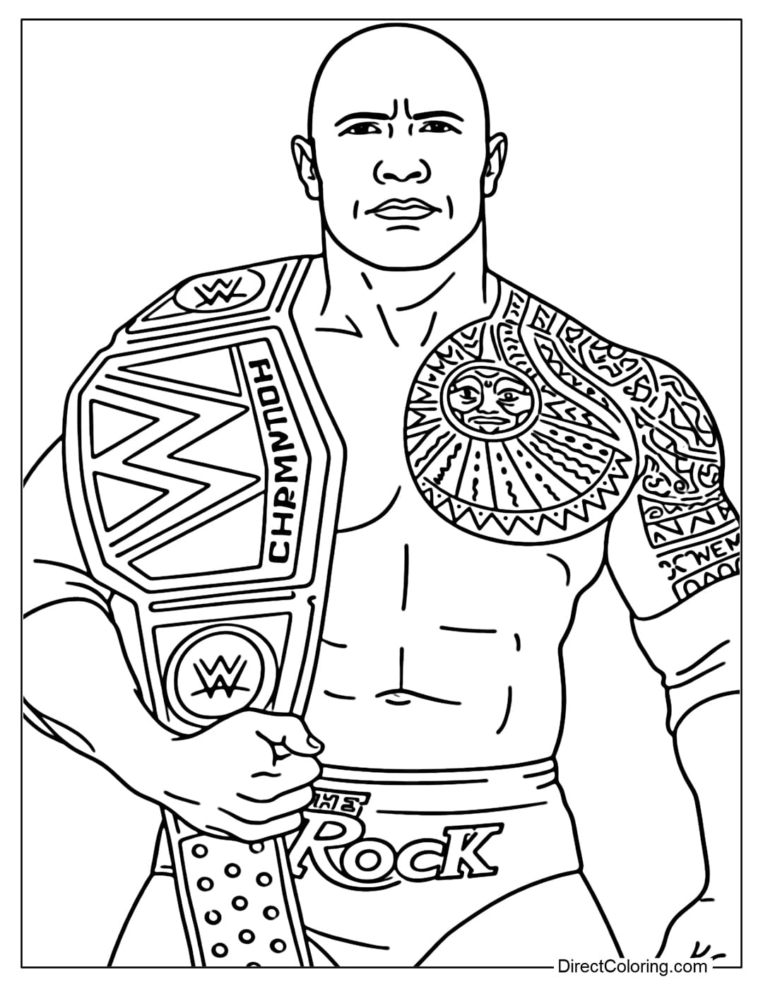 A coloring page of Dwayne Johnson, a powerful wrestler with a toned physique, wearing a championship belt on his shoulder and his signature tattoos on his chest and arms.