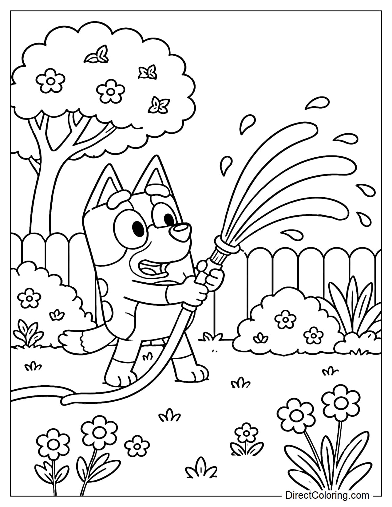Bluey is playing with a water sprinkler in the garden in summer, the water forming simple curved streams, with small plants and flowers around.