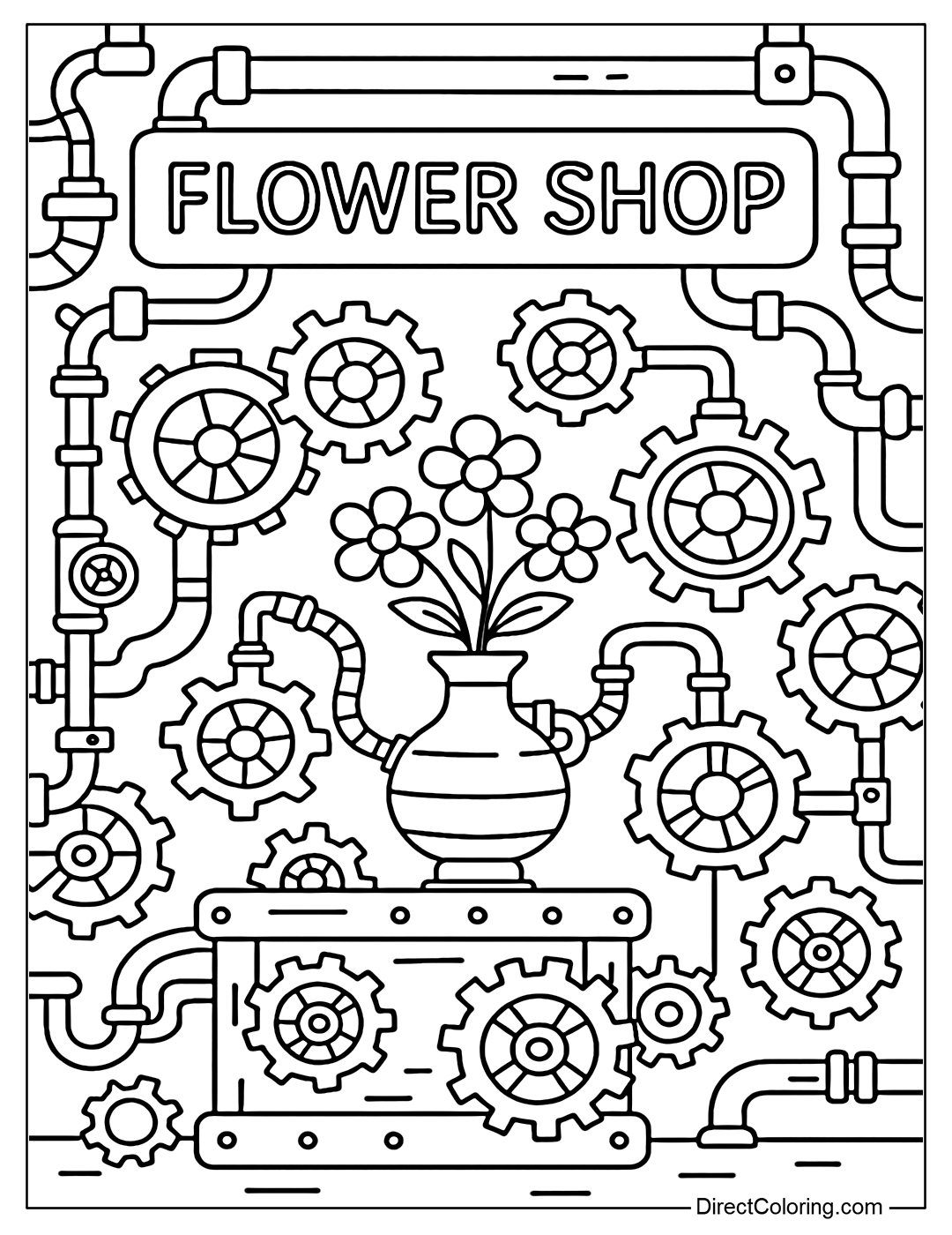 Steampunk flower shop coloring page with gears, steam pipes, rotating mechanical flower vases
