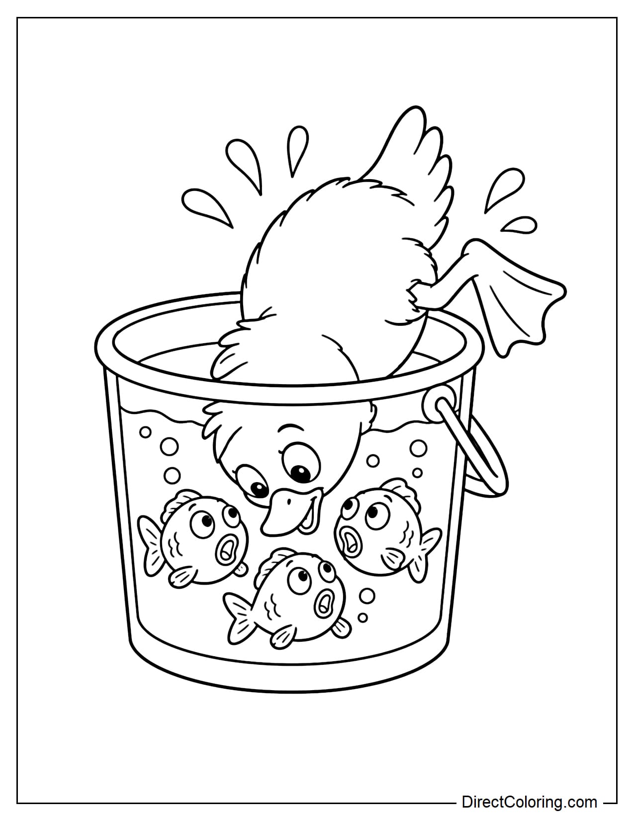 A curious duckling leans into the bucket and accidentally falls halfway in, with several fish inside showing surprised expressions.