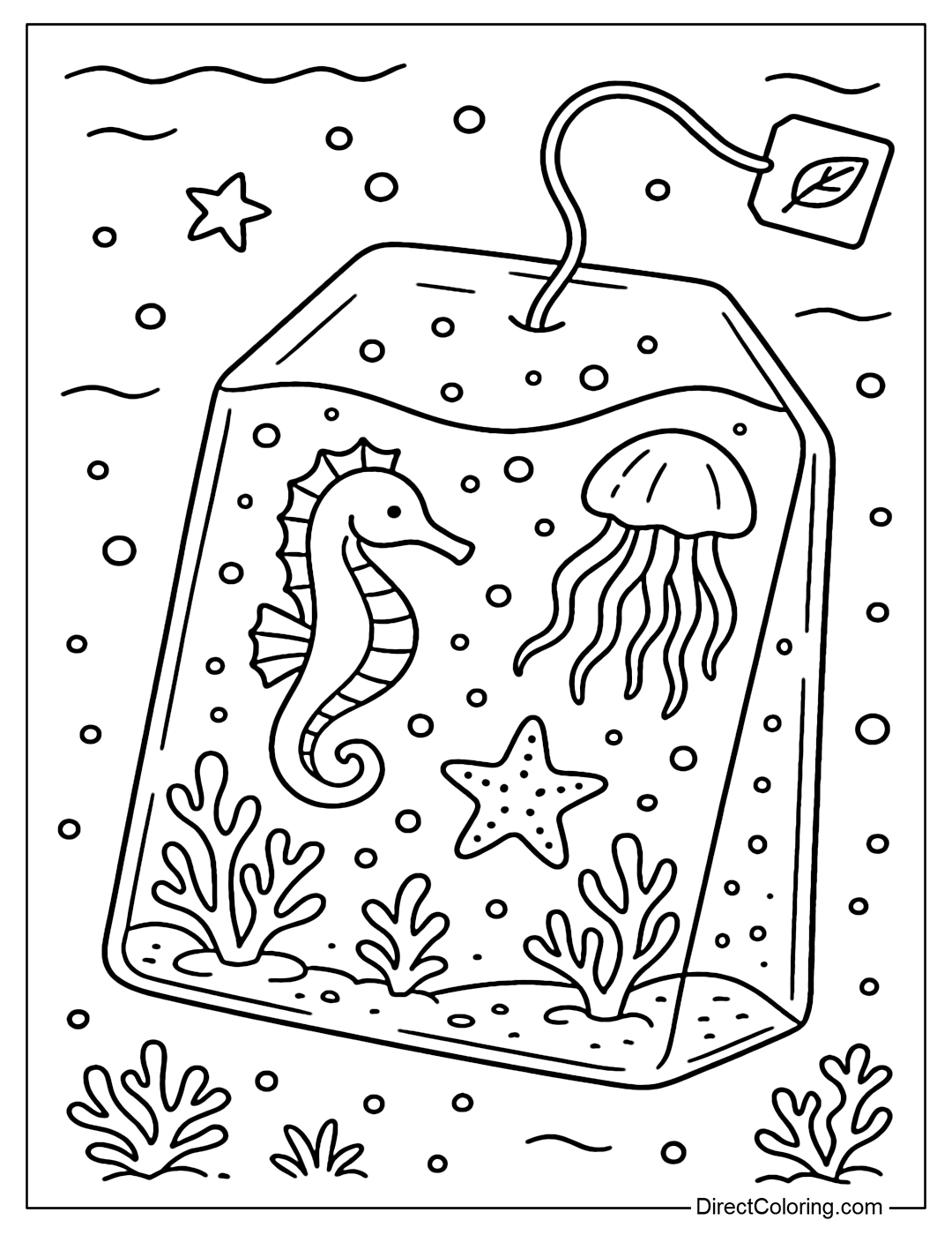 A tea bag coloring page featuring a miniature ocean: seahorses, jellyfish, corals, starfish.