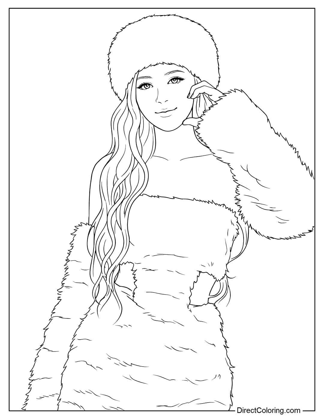 A stylish Rosé Blackpink coloring page featuring a soft fur hat and dress.