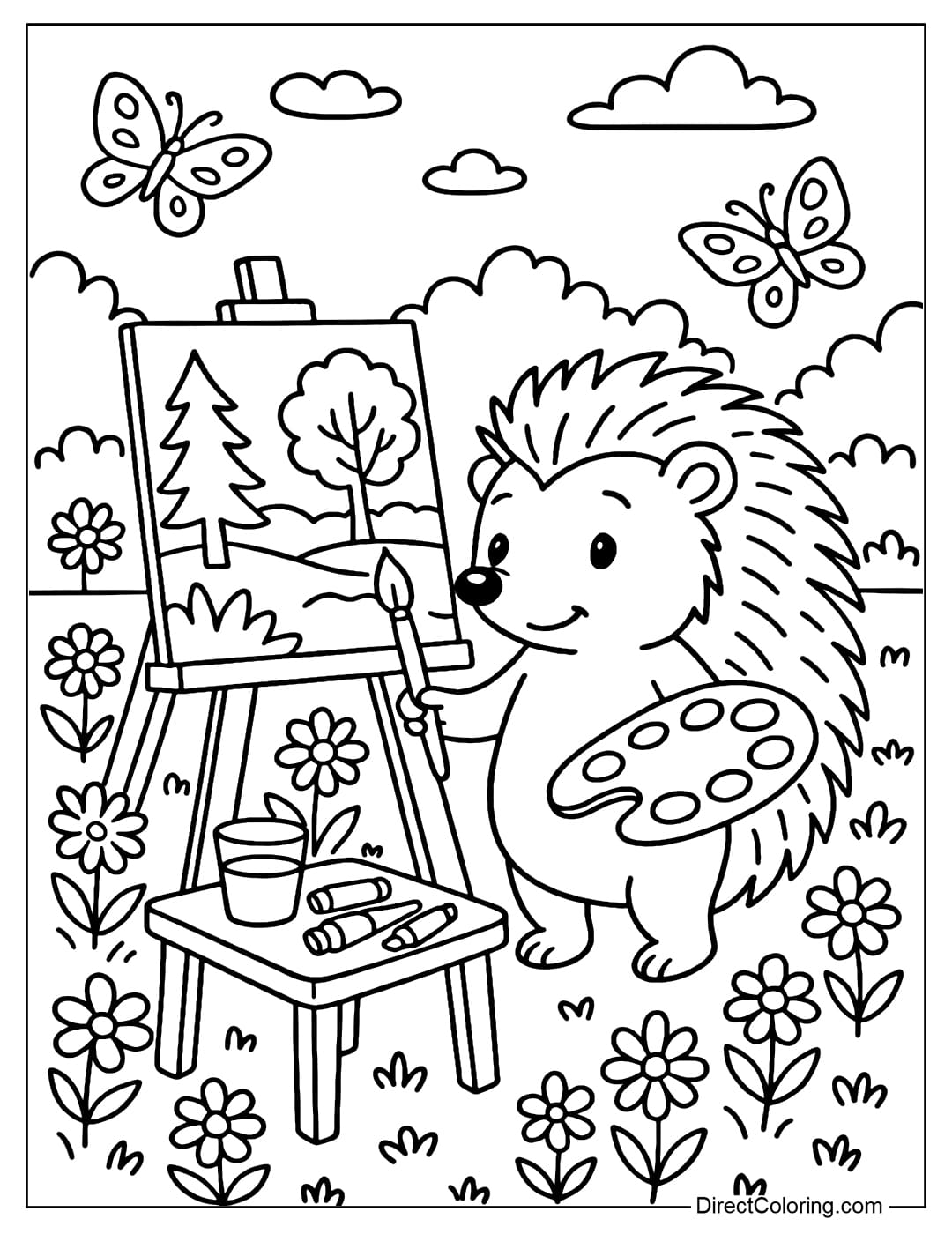 Artist Hedgehog Coloring Page Coloring page of a hedgehog holding a paintbrush and a palette, standing in front of an easel.
