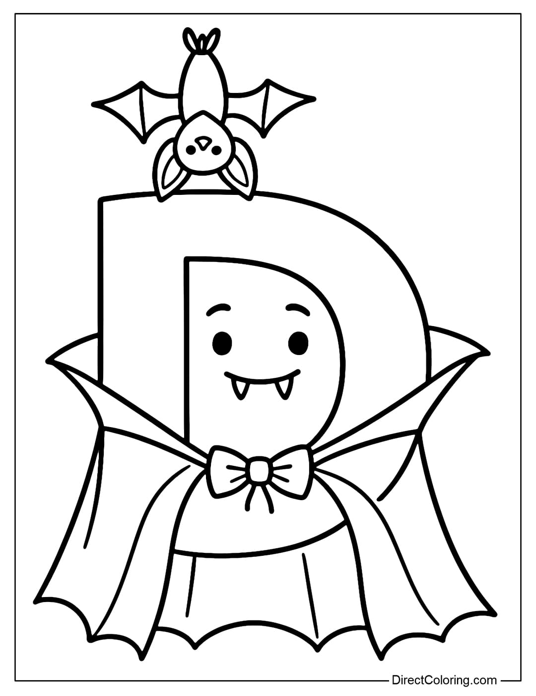 Letter D coloring page wearing a vampire cloak, with a red bow and tiny fangs. A small bat hanging upside down on top of the letter looks very funny.