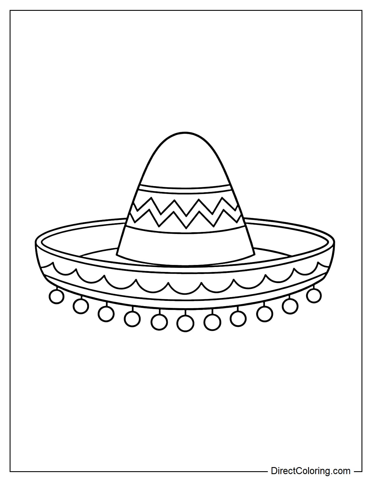 A simple sombrero hat with pompoms (small beads) hanging around the brim, the crown decorated with zigzag lines, and wavy patterns on the brim.