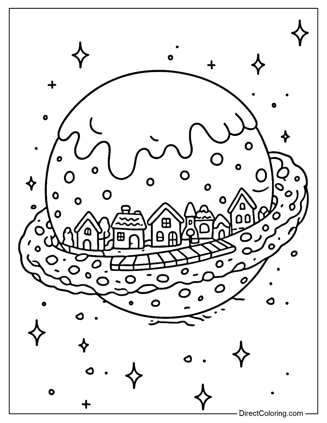 An icing cookie planet coloring page, with a mini candy town in the equatorial region. The rim is cookie crumbs and chocolate chips swirling in a circle.