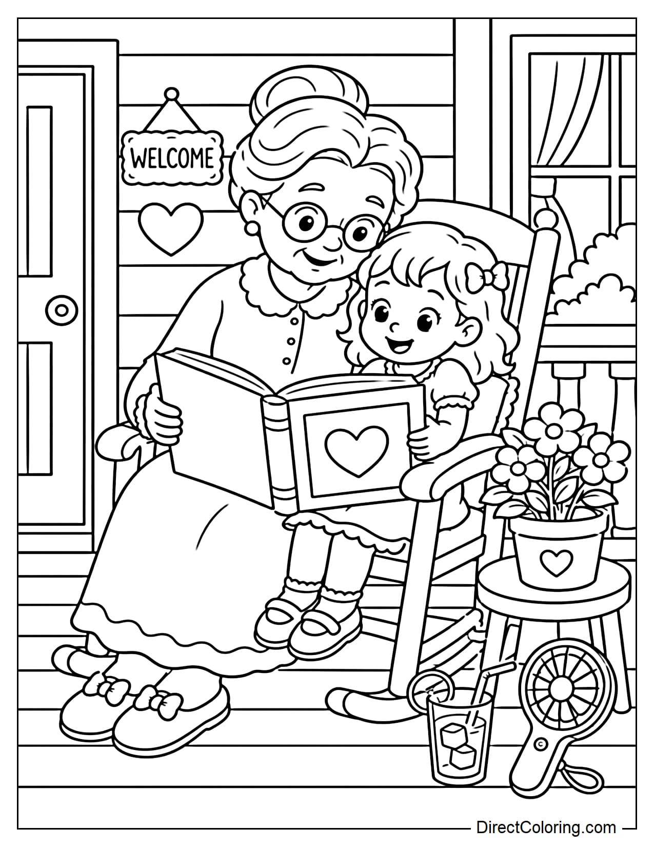 Grandma and grandchild are sitting together on the porch reading a large book, with a potted plant, a glass of lemonade, and a small hand fan nearby.