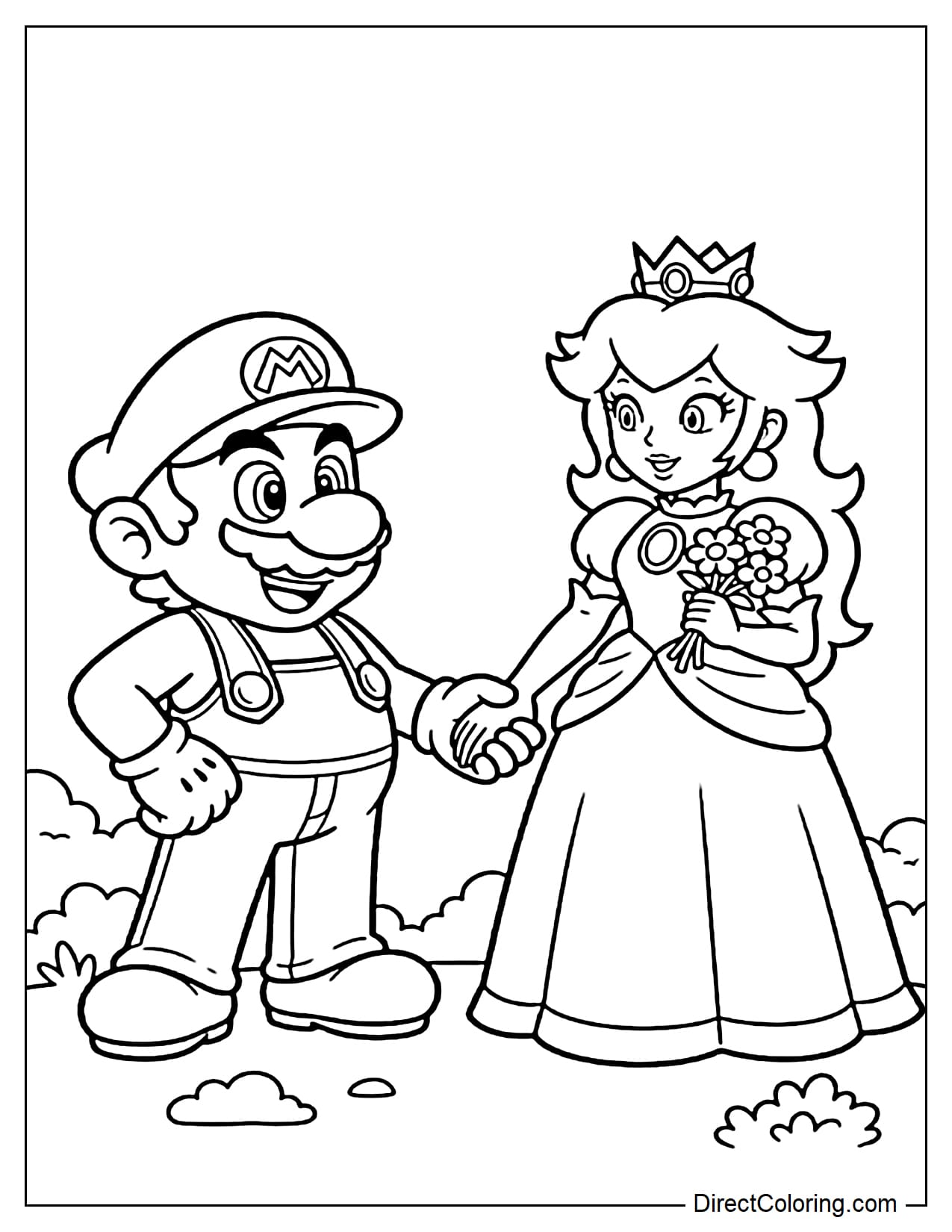 Mario stands holding Princess Peach's hand, while Princess Peach holds a few simple flowers in her other hand.