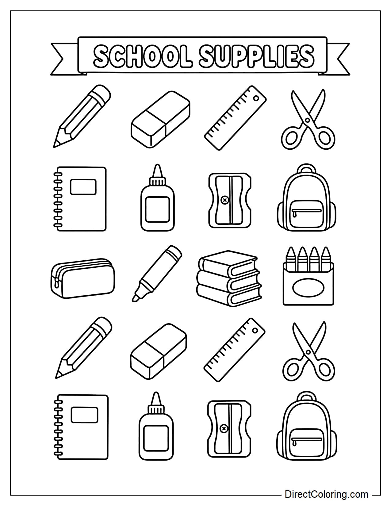 A worksheet with many icons of school supplies such as pencils, erasers, rulers, and scissors, neatly arranged in rows with even spacing.
