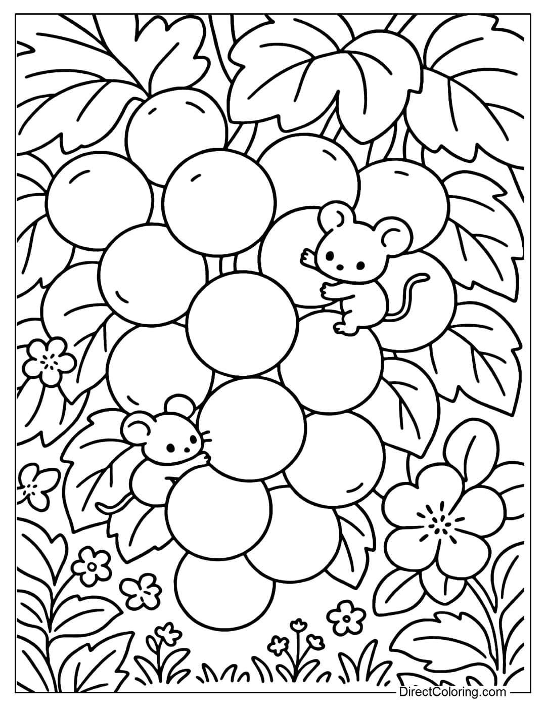 A giant grape world coloring page. A tiny mouse climbs among the fruit, another one hides behind the leaves.