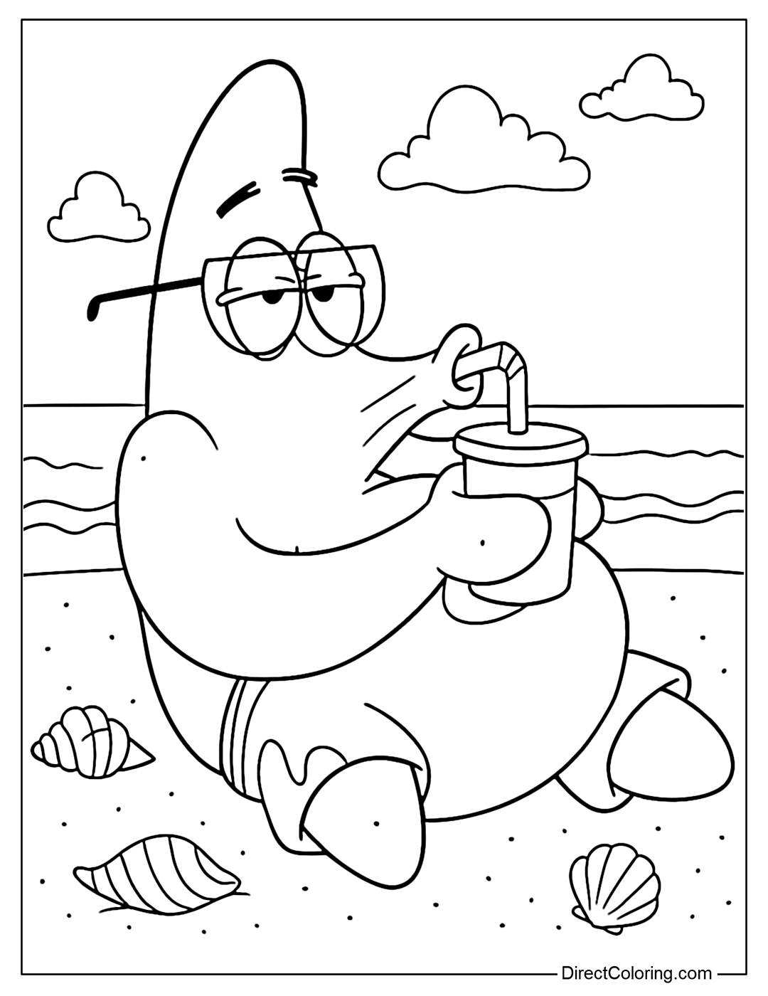 Coloring Page of Patrick Star relaxes on the beach wearing glasses and sipping a drink, surrounded by seashells and ocean waves under a cloudy sky.