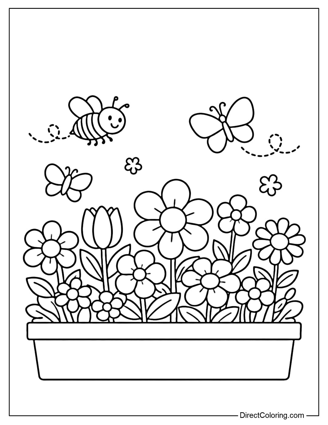 This coloring page features a flower bed with various simple flowers, some with round and some with oval petals, arranged alternately. Bees and butterflies flutter around the flowers.