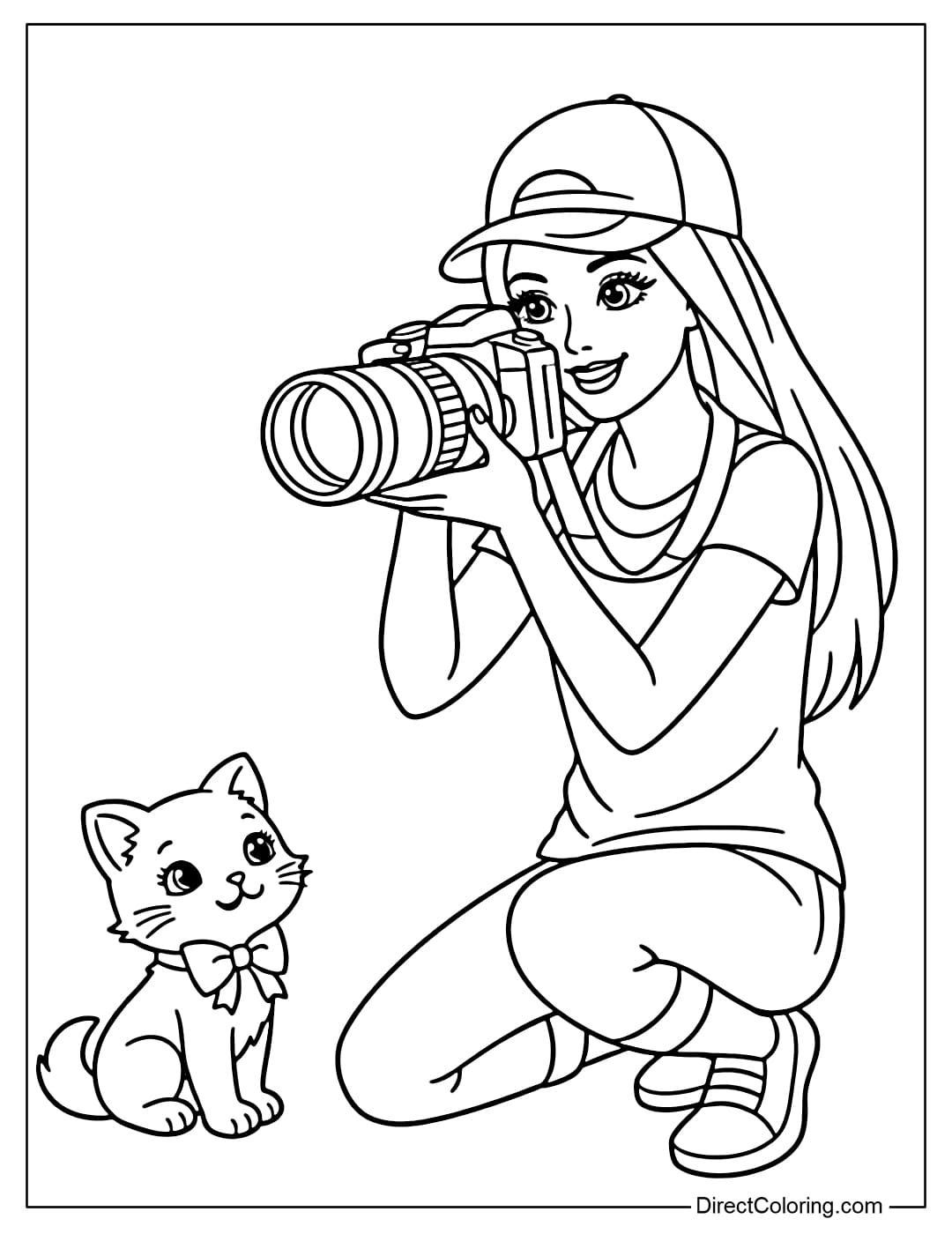 Barbie as a photographer holding a large camera, with a small cat as a model in the foreground.