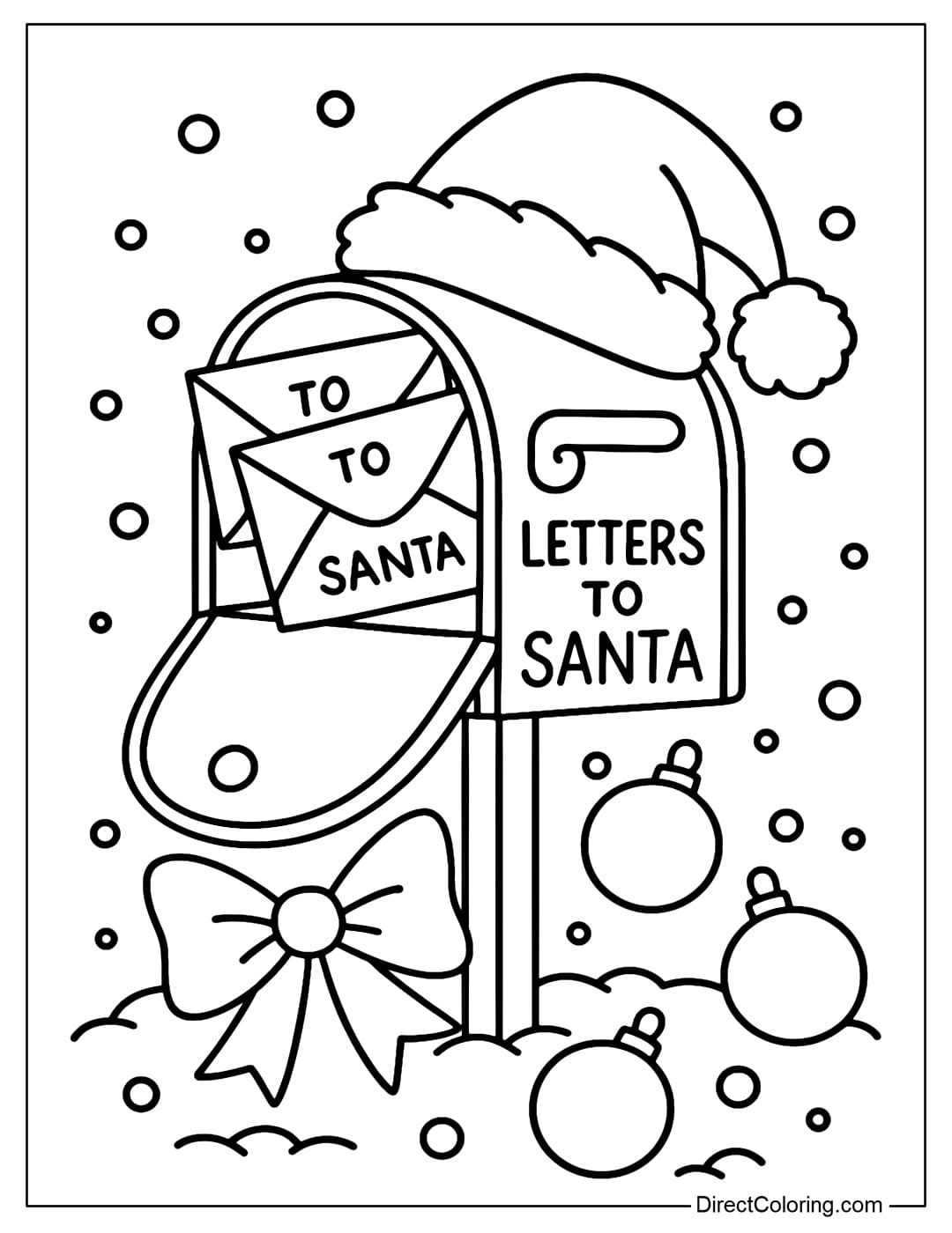 A Christmas mailbox coloring page with a Santa hat on top, opened slightly with letters 
