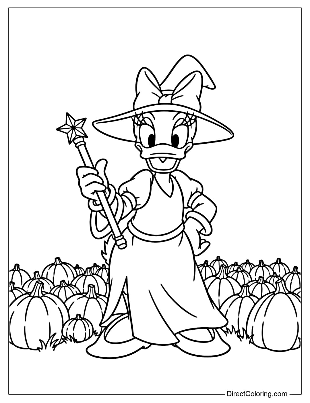 A coloring page of Daisy in a purple witch dress, holding a shining scepter, standing in the middle of a pumpkin field.