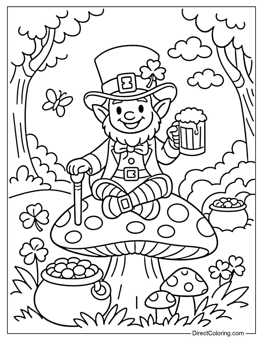 A coloring page of a Leprechaun sitting on a mushroom in an Irish fairytale forest.