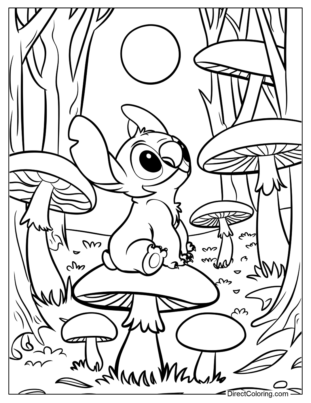 Stitch Sitting on Mushroom Coloring Page