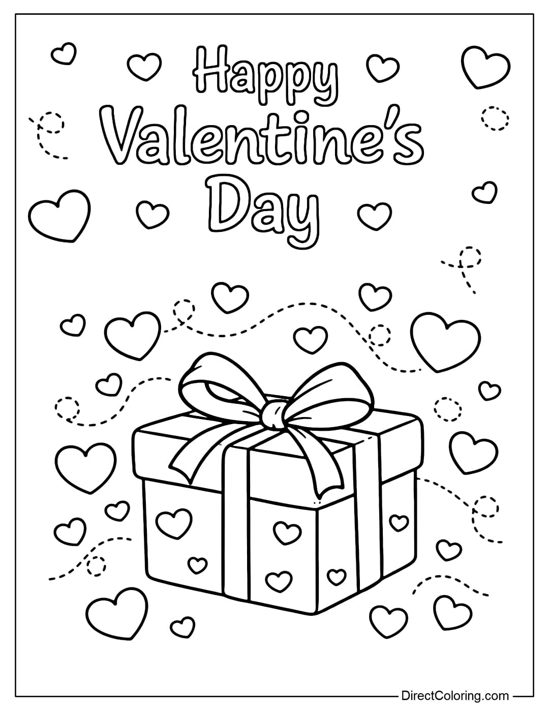 A coloring page of a simple gift box with ribbon, small hearts decorating the edges, and the words 