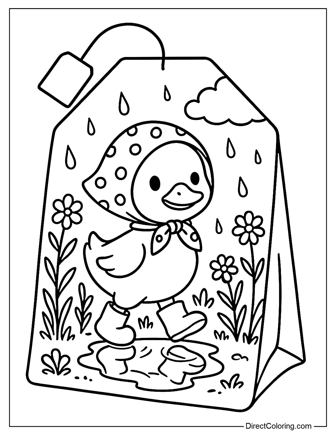 A tea bag coloring page featuring a cute duck wearing a polka dot scarf on her head and rubber boots, walking through a dreamy landscape