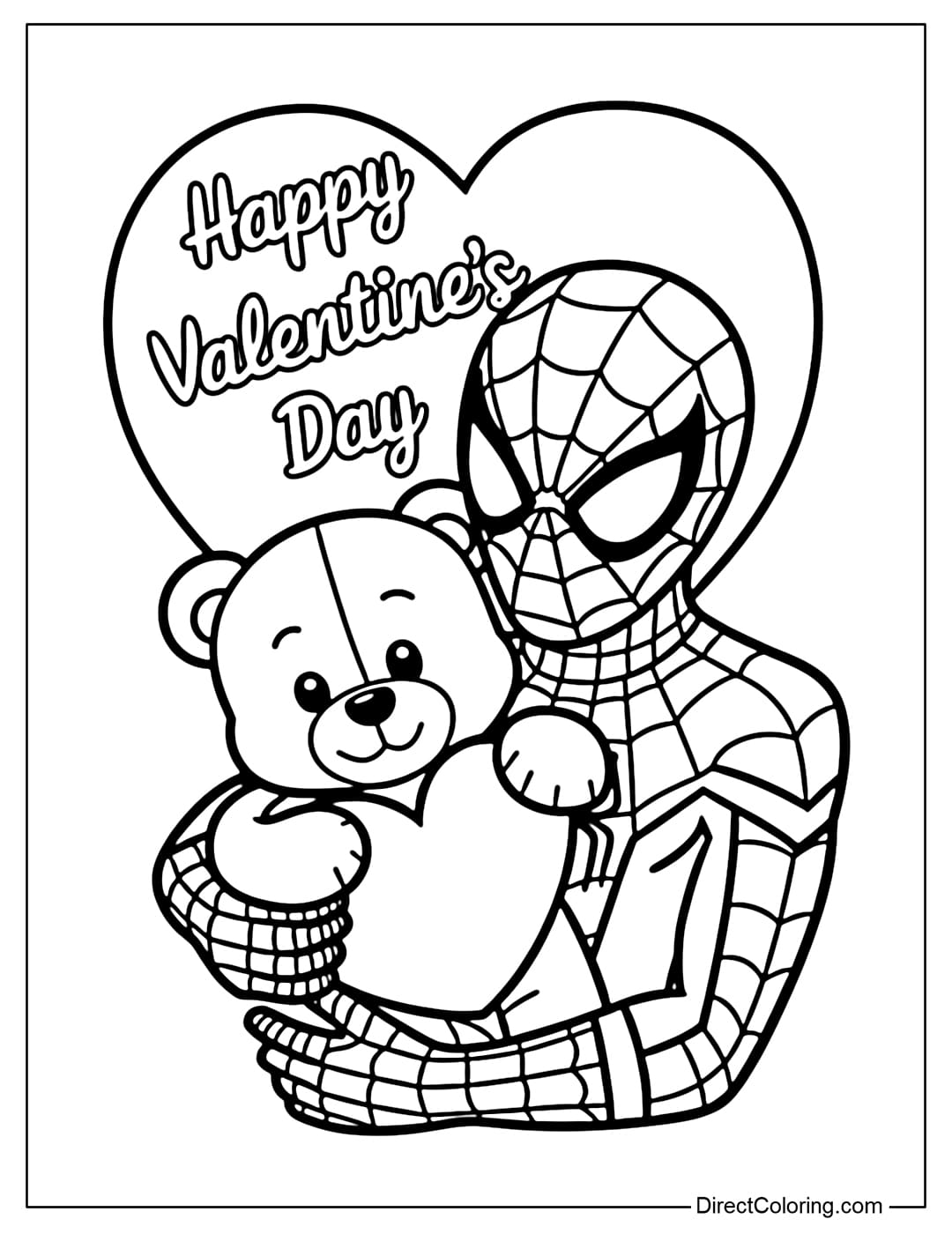 A coloring page of Spiderman holding a teddy bear and hugging a heart, combining superhero and cuteness.