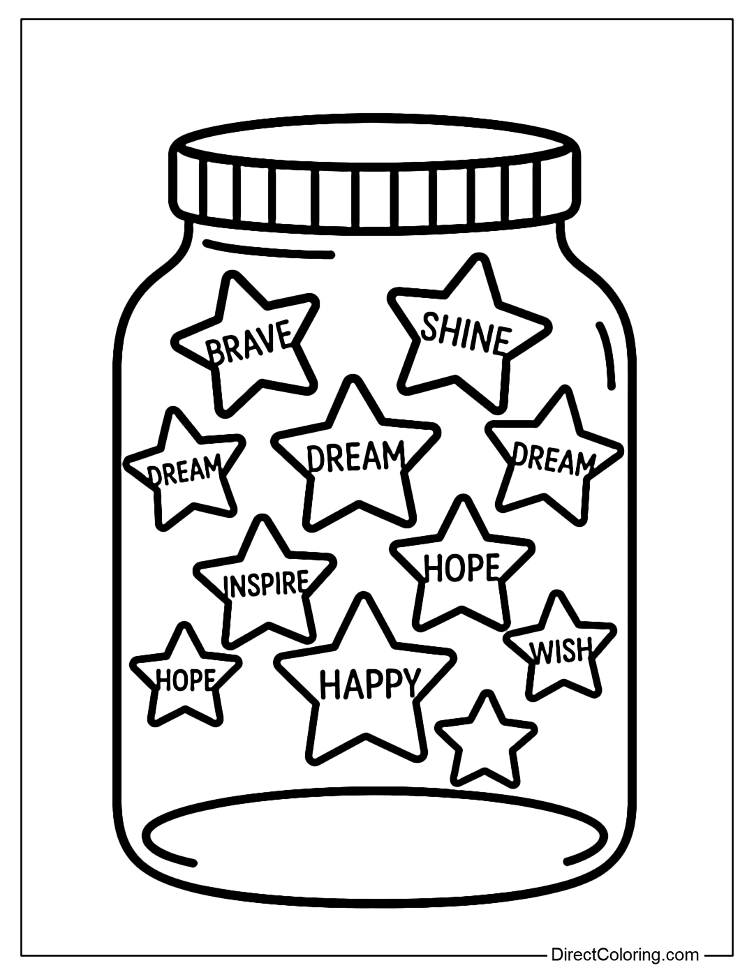 Coloring page of a jar of stars, each small star has words inside such as 