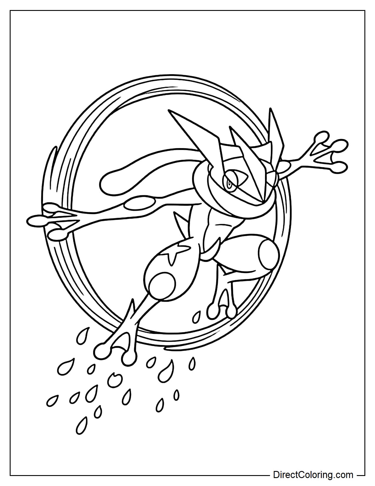 Greninja is leaping through a large ring of water, its legs bent, arms outstretched to the sides, and a few drops of water below.
