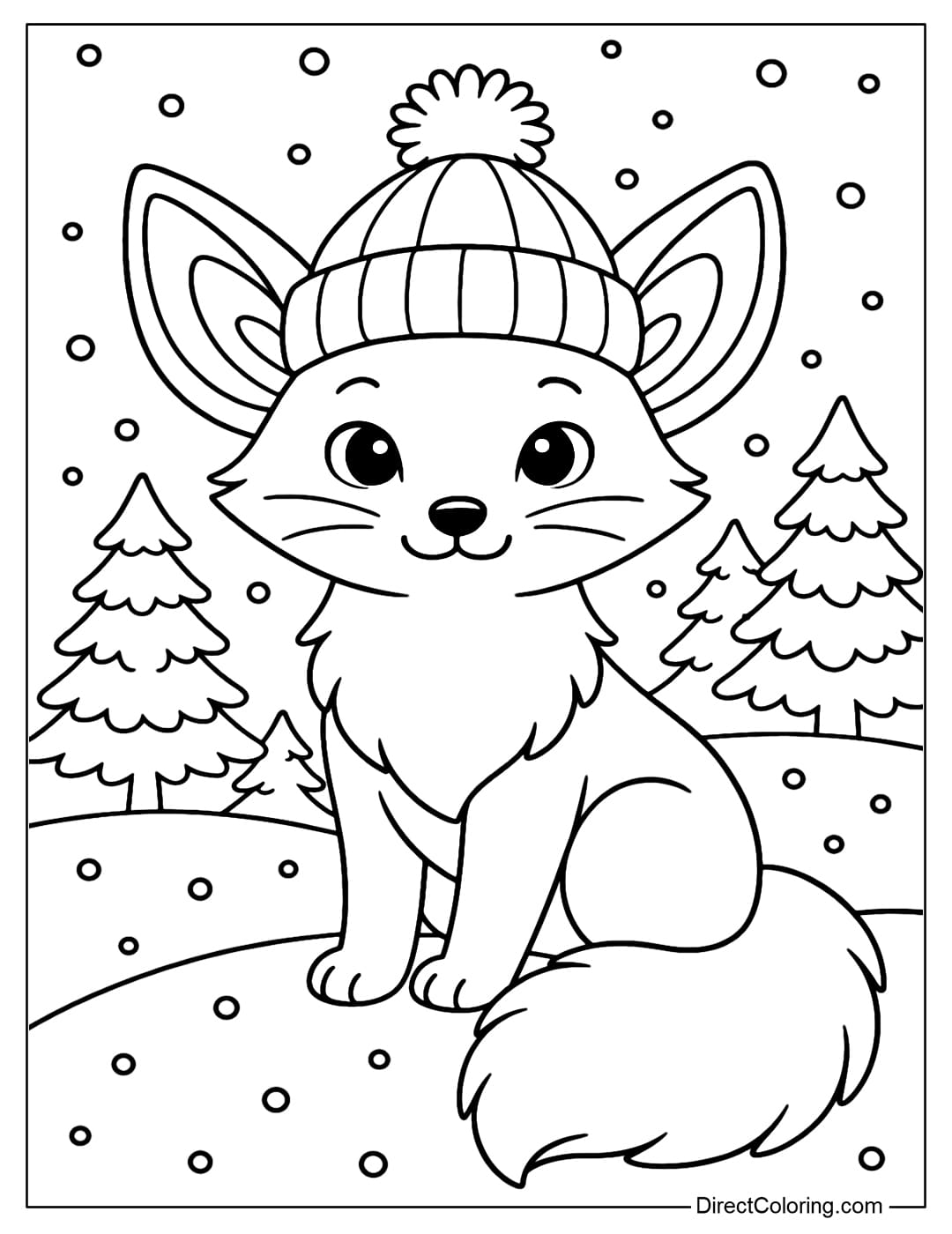 A snow fox coloring page with big ears wearing a pom-pom hat, a fluffy tail curled up, a winter scene of falling snow covered with pine forest leaves.