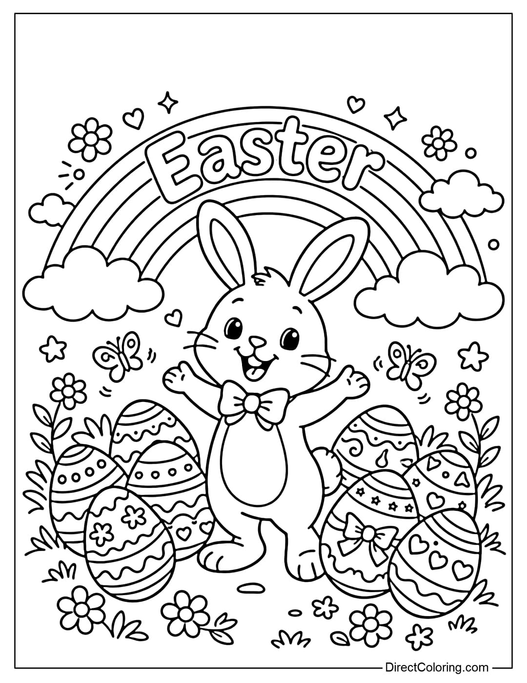 An Easter bunny coloring page featuring a bunny standing under a rainbow with colorful eggs, and the word 