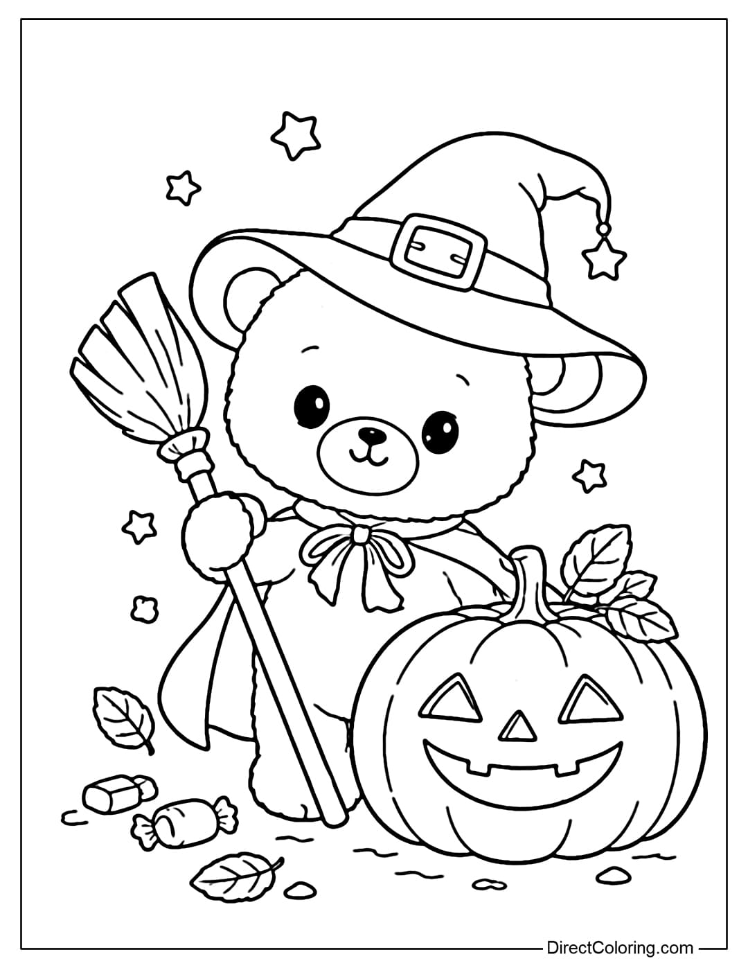 Coloring page of a teddy bear wearing a witch hat standing next to a pumpkin.
