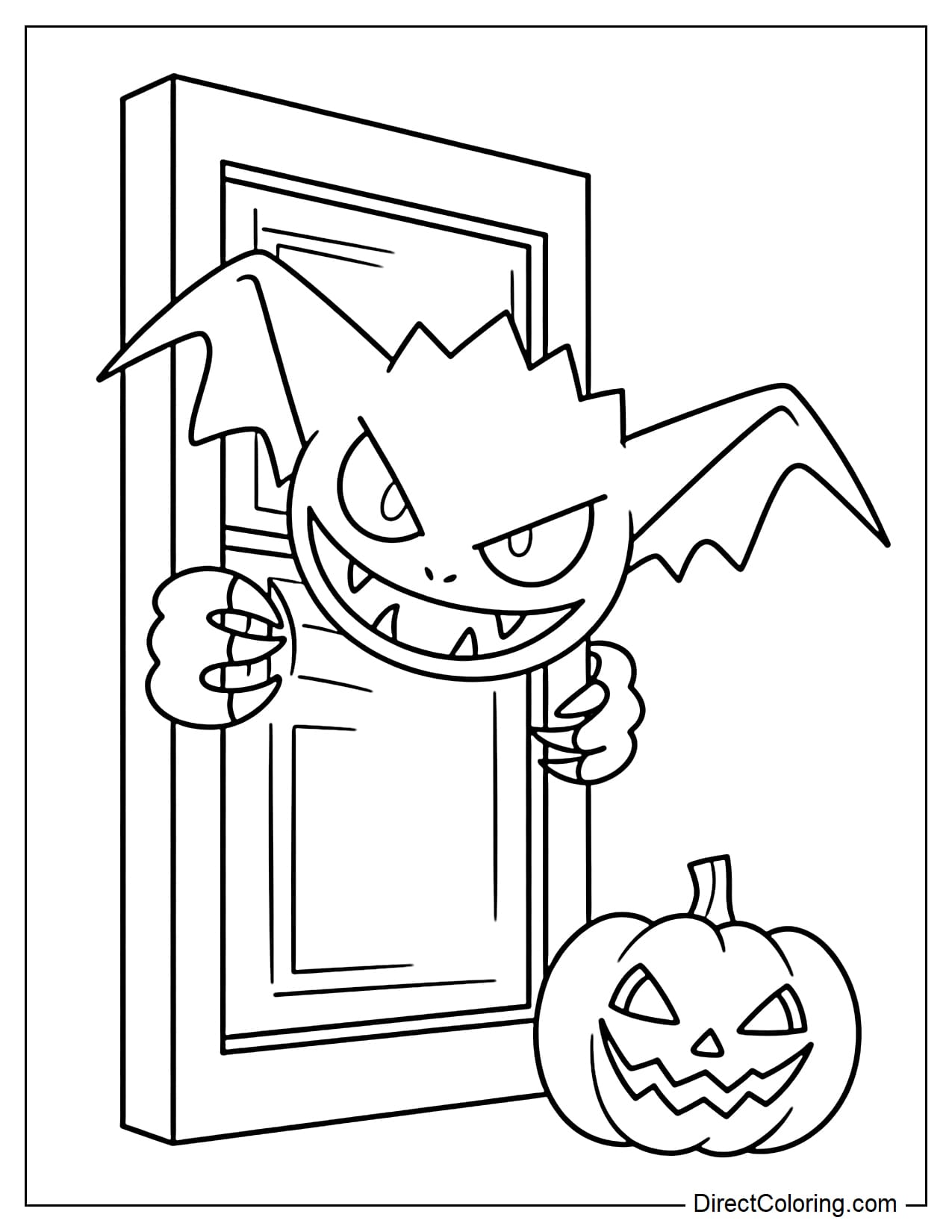 Pokémon Haunter playfully peeking its head and two hands out from behind a partially open Halloween door, with a small pumpkin below.